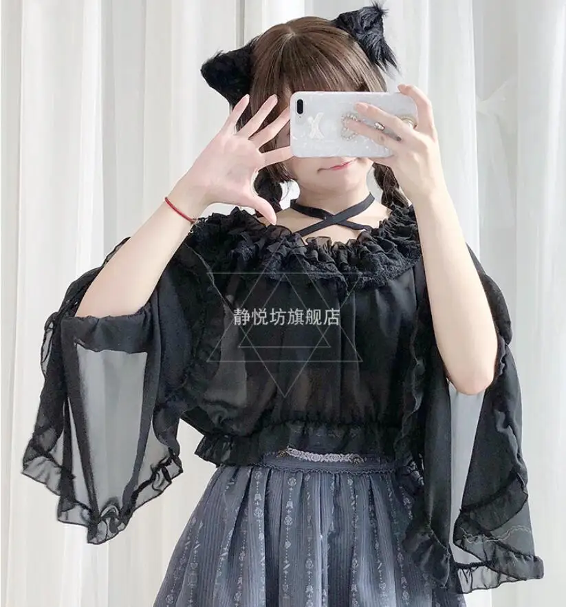 Japanese Peter pan Collar Chiffon Shirt Top Lolita Shirt Sweet Cute Retro Gothic Tea Party Loli Shirt