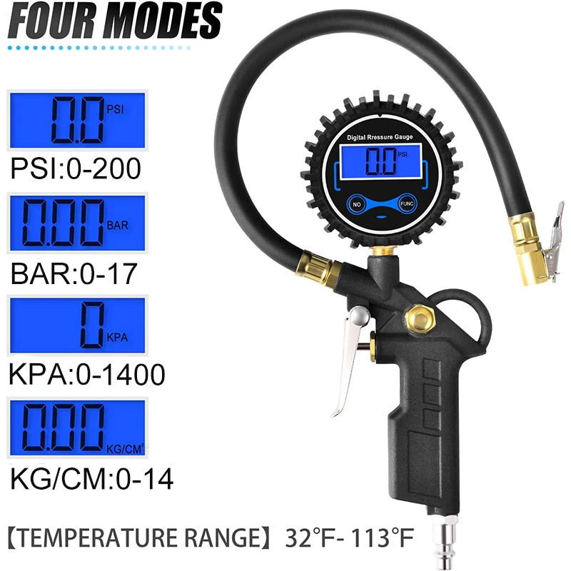 Digital Tire Pressure Gun Inflating Gauge Heavy Duty with Rubber Hose and European Type Quick Connector Tyre Inflator