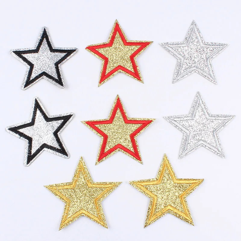 5Pc 65mm Glitter Star Embroidery Patches Iron on Clothing Gold Silver Appliques Stripe Badge Fabric Sticker Diy Phone Case Decor