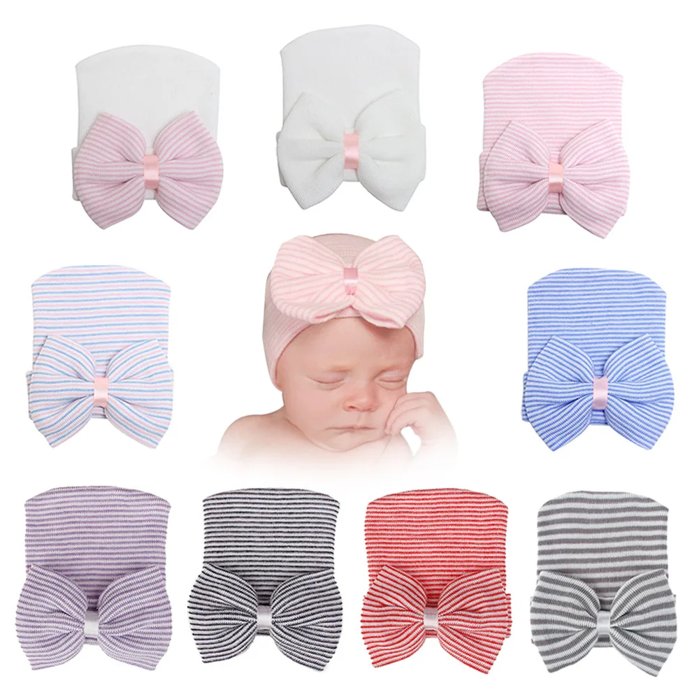 9 PCS/LOT, 0-3 Months Newborn Baby Big Bow Striped Knit Hat, Infant Warm Hat For Autumn And Winter Births Cap