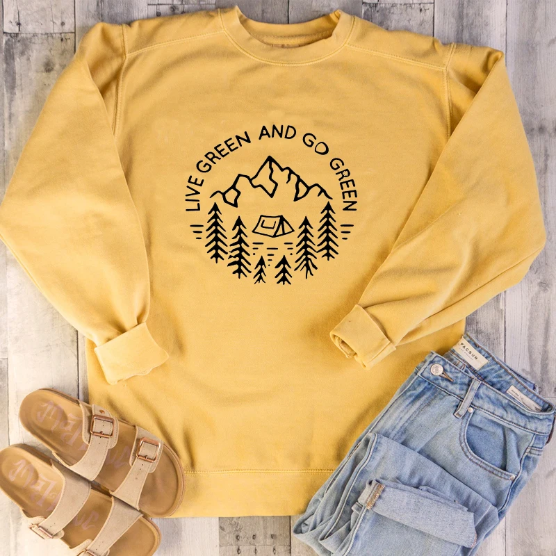 Live Green and Go Green Sweatshirt Casual Protect Nature Vintage Jumper Fashion 100% Cotton Clothing Mountain Tree Crewneck Tops