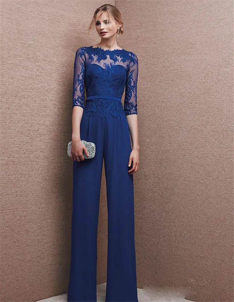 Blauw Jumpsuit Moeder Van De Bruid Jurken Jewel Hals Half Sleeve Lace Formele Party Jurk Elegante Bruidegom Moeder Jurken 2019 strand