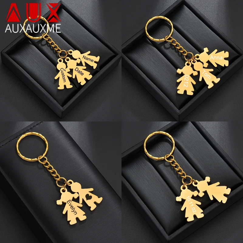 Auxauxme Custom Family Boy Girl Keychain Stainless Steel Engrave Name Date Personalized Family Jewelry Anniversary BirthdayGift