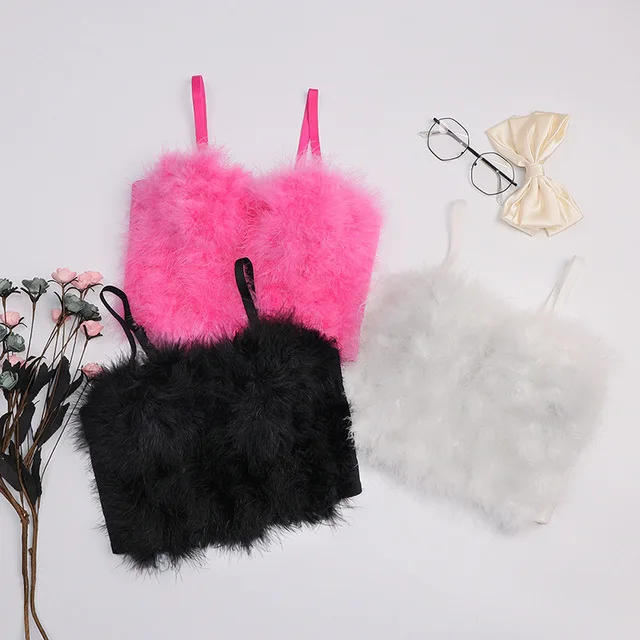 Stitching Furry Suspenders Vest Female Feathers Tube Top Corselets Bachelorette Bustier Bra Push Up Slim Fit Bralette Cropped