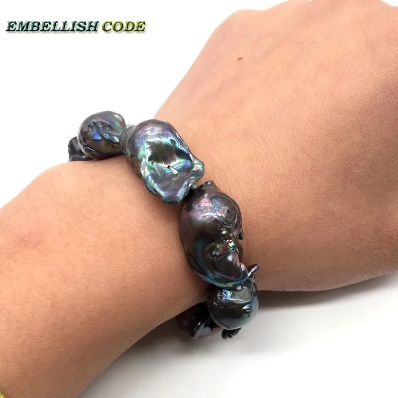 Large size baroque pearl bracelet Bangles black blue color Irregular real Cultured pearls popular jewelry gift for LADY