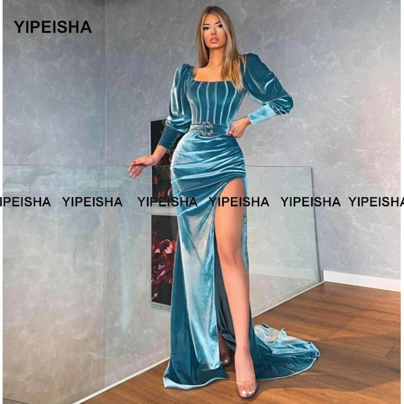 Yipeisha vestido de noite de veludo, vestido longo elegante com decote quadrado e manga comprida, vestidos de festa com fenda lateral 2021