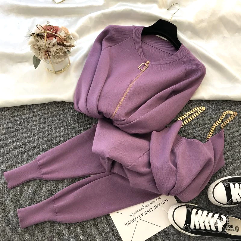 Autumn Winter Women Knitted Tracksuits 3Pcs Set Zipper Cardigans Sweaters+Elastic Pants Suit+Vest Female Casual Trouser Outfits