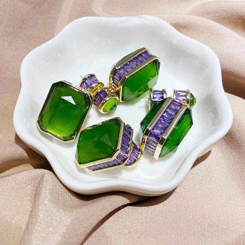 

Top Quality New Luxury Polyhedral Natural Jade Green Crystal Gemstone Earrings Silver Studs For Women Fashion Jewelry