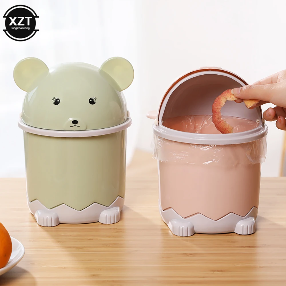 Cute Desktop Flip Trash Can Cover Portable Garbage Storage Bin Box Home Office Table Desk Waste Container Bucket Home Trash Can