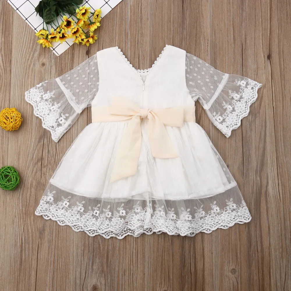 Lovely Kids Baby Girls Dress Bridesmaid Princess Dresses Knee-Length Party Lace Bow Wedding Princess Dresses