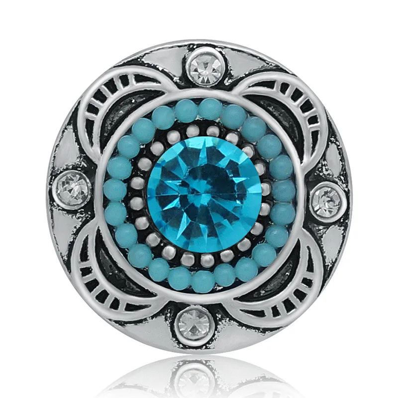 New Round Rhinestone beads blue style Dots flowers 18MM snap buttons fit DIY 18MM snap bracelet snap jewelry Gift