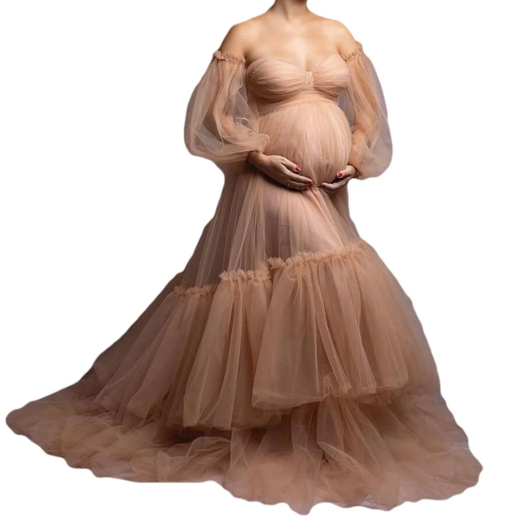 Unique Champange Prom Dresses Robes for Photo Shoot or Baby Shower Custom Made Maternity Robes Photoshoot Fluffy Tiered Robe