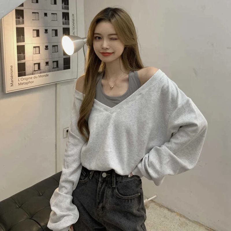 Sweatshirts Women Fake Two Pieces Patchwork Off-Shoulder Sexy Girls Streetwear Spring Autumn Chic Ulzzang BF Cool O-neck Ins New