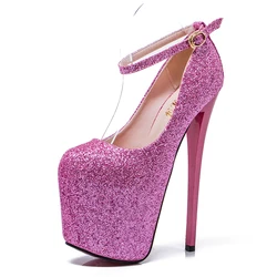 Crossdresser 34-48 49 50 Bling sequins Stiletto 19cm thin High-Heeled platforms Buckle shoes woman wedding pumps zapatos mujer