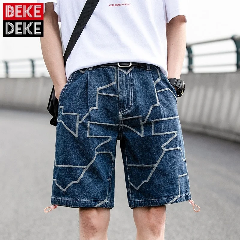 Style Japan Men Casual Jacquard Knee Length Shorts Loose Straight Denim Shorts Multi-Pockets Preppy Short Jeans Plus Size 5XL