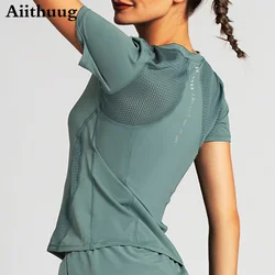 Aiithuug-Top de gimnasio para mujer, camisa de entrenamiento de secado rápido, camisas de Yoga para Fitness, Top de malla de manga corta, camisetas sin mangas de entrenamiento, camiseta atlética