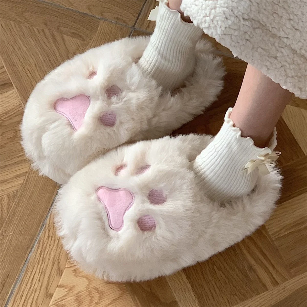 Zapatillas de casa de algodón con garra de gato para mujer, pantuflas cálidas y antideslizantes de felpa para interiores, invierno, 2021