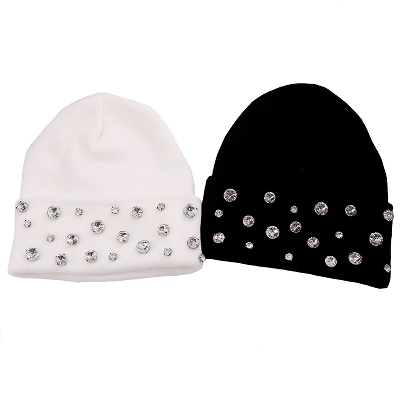 Casual Autumn Winter Rhinestones Knitted Beanie Hat Cap for Women Soft Warm Black Acrylic Bonnets Skullies for girls ladies