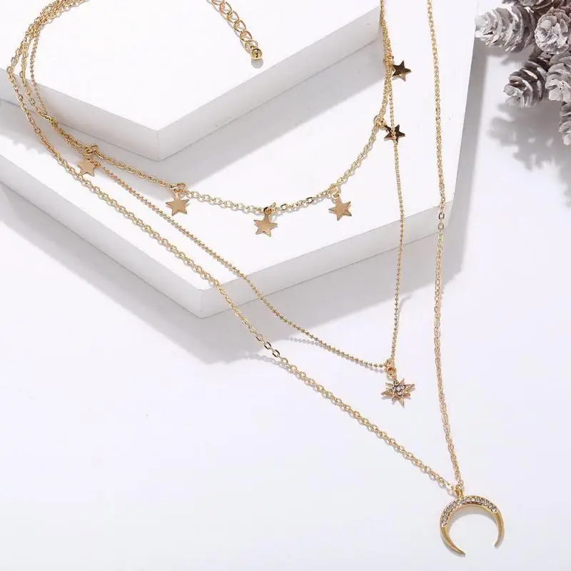 Glamour Necklace 2020 Fashion New Simple Temperament Eight Mans Star Crescent Pentagram Ms. Three-layer Necklace Gift