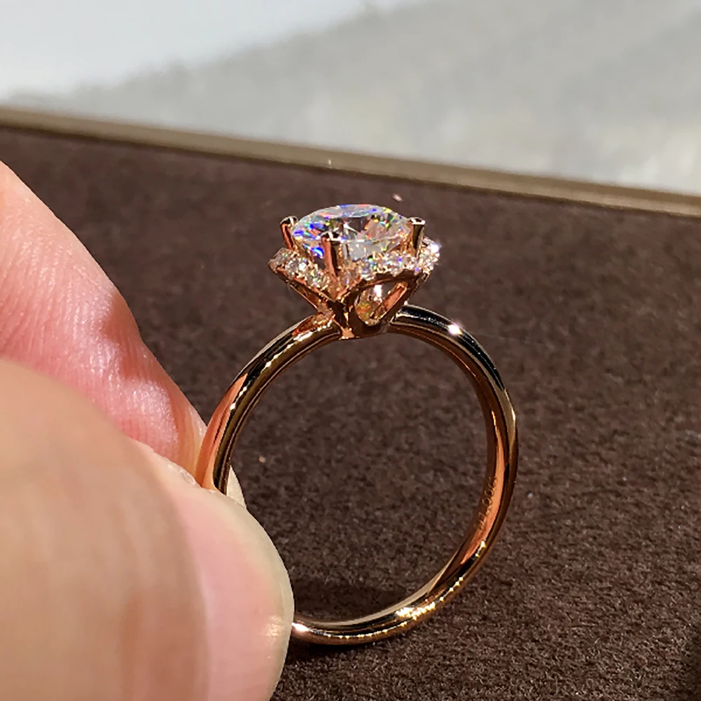 Custom Solid 18K Au750 Rose Gold Women Wedding Party Engagement Ring 1 2 3 4 5 Carat Round Flower Moissanite Diamond Ring