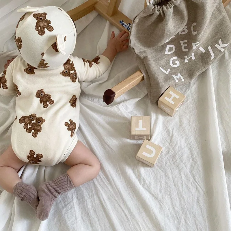 2024 Spring Newborn Baby Bodysuits Cute Bear Print Boys Long Sleeve Jumpsuit With Bear Ear Hat Baby Girl Cotton Clothes 0-24M