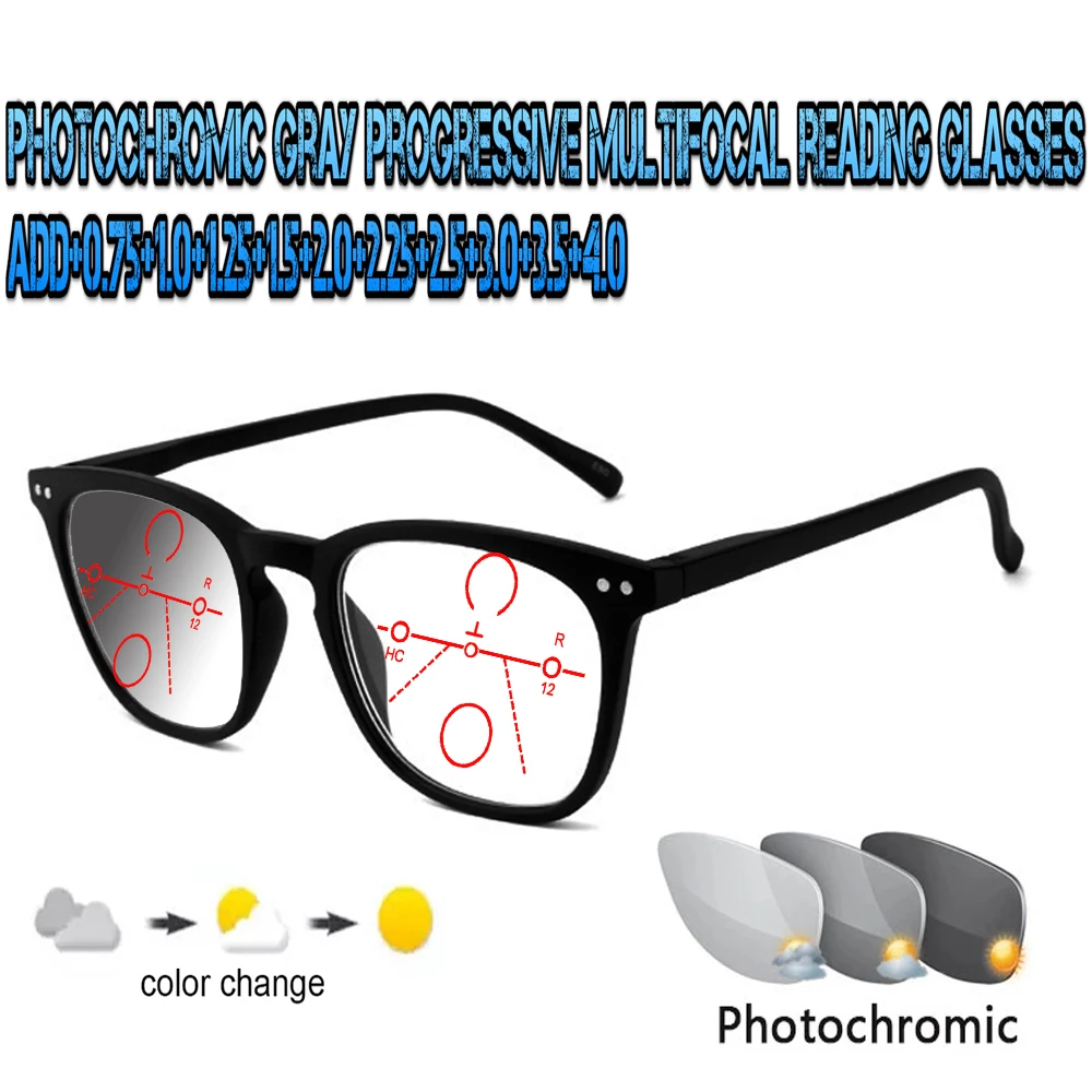 

Photochromic Gray Progressive Multifocal Reading Glasses Men Women Ultralight Black Metal Frame Large Size +0.75 To+4.0