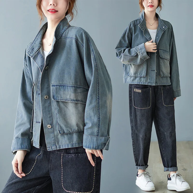 

Women Denim Jacket Loose Bleached Stand Collar Blue Cotton Luxury Vintage Casual Pocket Classical Streetwear Fashion Coat Female