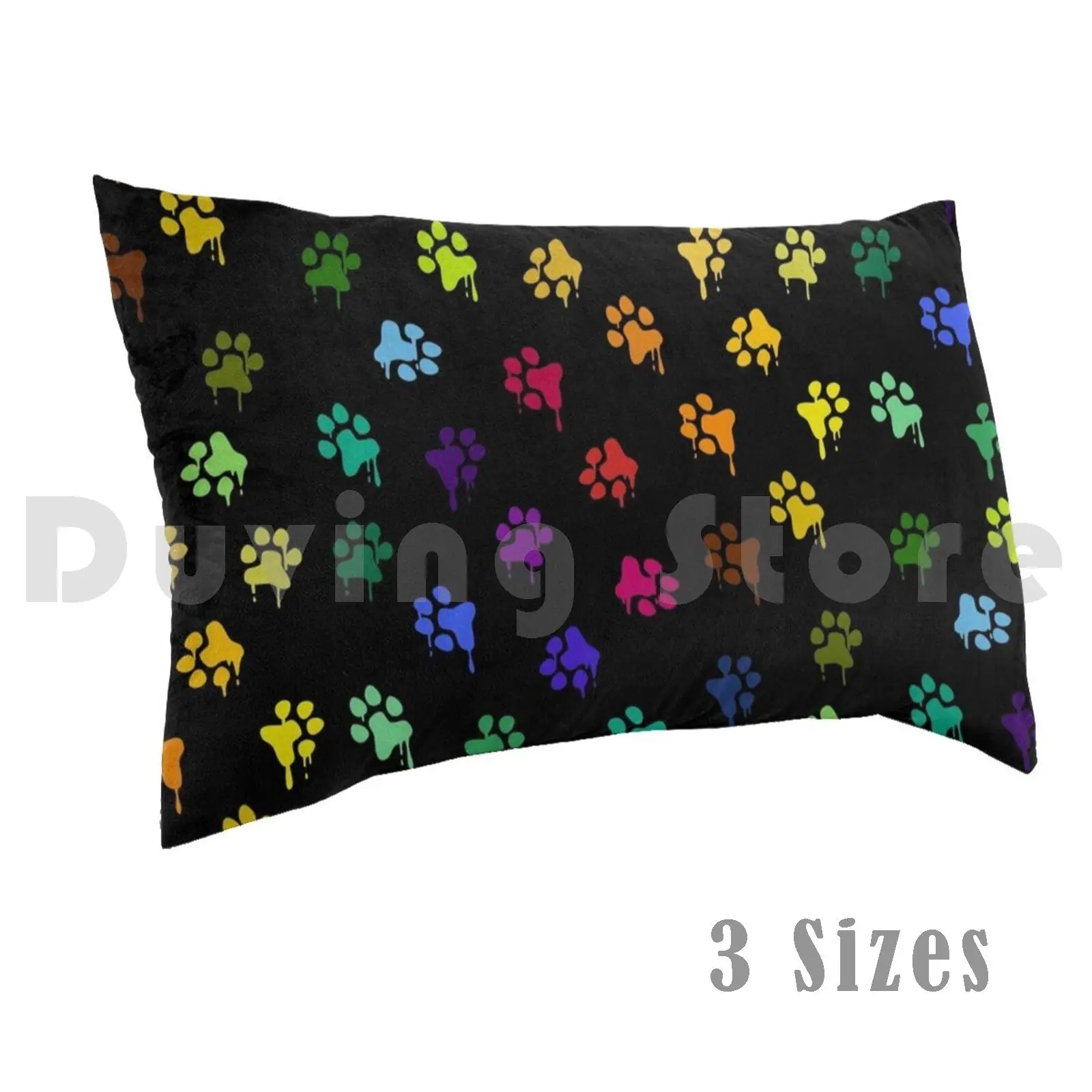 Painted Paw Prints ( On Black ) Pillow Case 20*30 Inch Paw Tracks Animal Artist Pattern Paws Dog Cat Rainbow