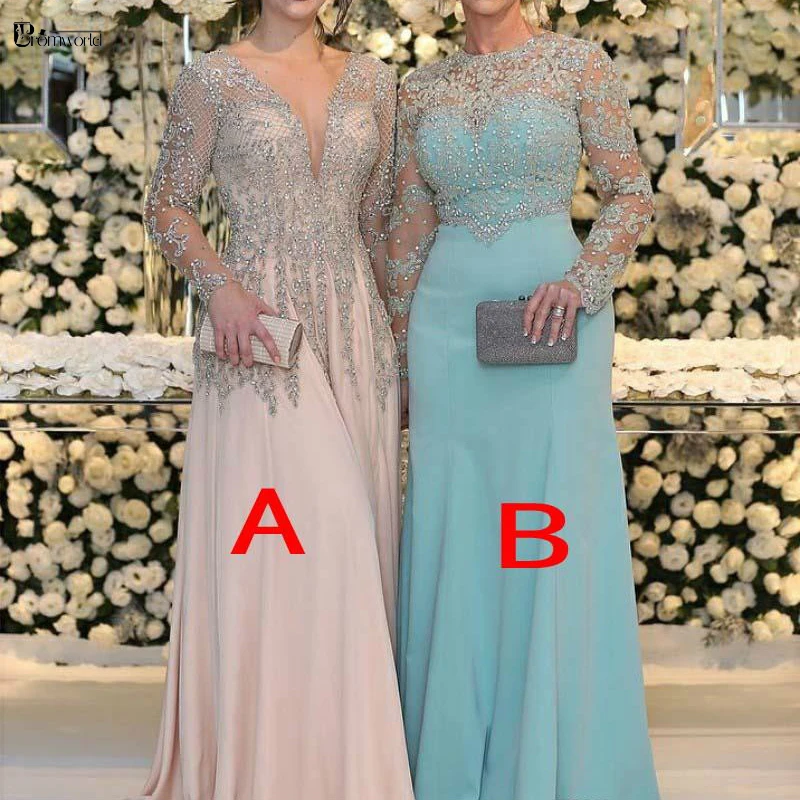 Beaded Long Sleeves Formal Prom Godmother Evening Wedding Party Guests Gown Mother of the Bride Dresses Sheer Plus Size