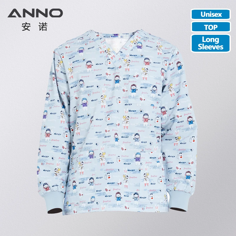 ANNO Hospital Autumn Winter Medical Scrubs Tops Long Sleeves Print Nursing Uniform Nurse Tunic Clothes Out Wear Coat