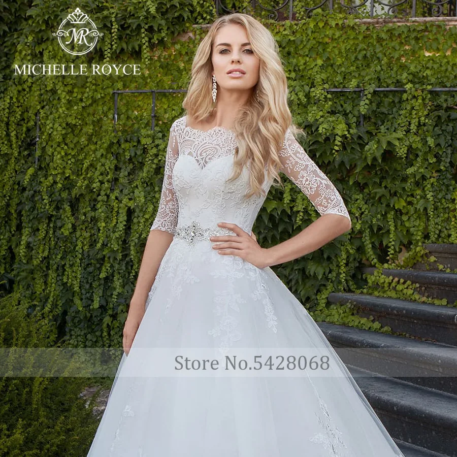 Michelle Royce A-LING Wedding Dresses High Quality Sweetheart Half sleeves Cut Out Beaded Lace up Chapel Train Vestido De Nevia