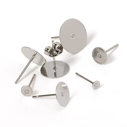 100Pcs Stainless Steel Earring Base Blank Ear Studs Pin Post 3/4/5/6/8/10/12mm Cabochon Setting for DIY Jewelry Making Findings
