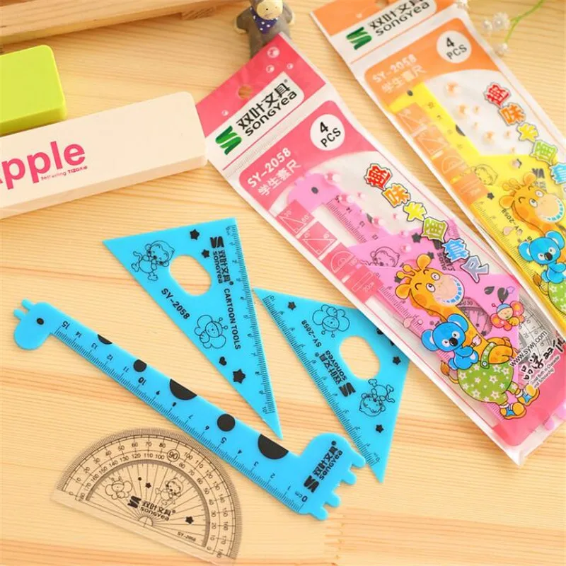 4 teile/sätze Cartoon Giraffe Lineal Set koreanische Briefpapier Grundschule Kunststoff niedlichen Lineal 15cm Zeichen werkzeug Großhandel