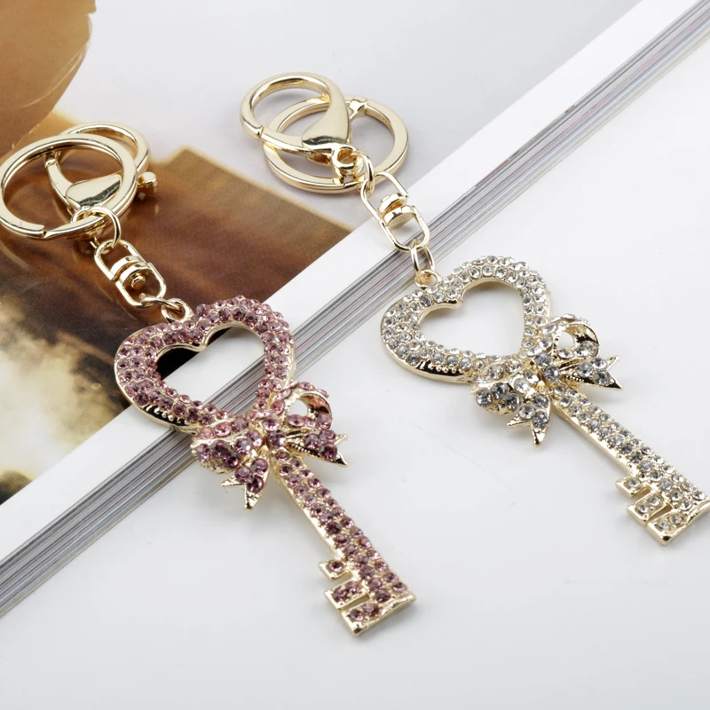 Fashion Crystal Keys Shape Charm Keychain Knot Girl Bag Pendant Key Trinket Crystal Rhinestone Heart Key Rings Llaveros Shiny