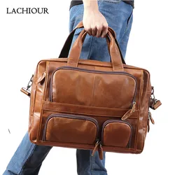 Lachiour 17 inch Laptop Bag Men Genuine Leather Handbag Large Men's Travel Shoulder Bag Male Leather Briefcases Crossbody Bag