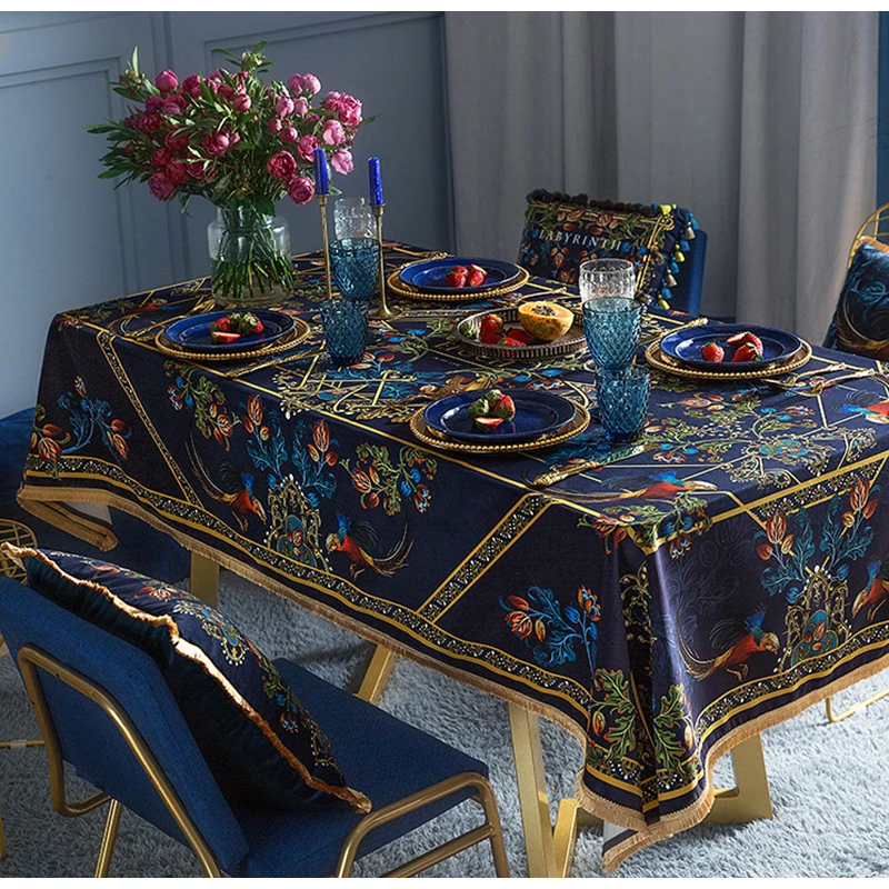 Medicci Home American Style Tablecloth Golden Pheasant Print Velvet Textured Long Desk Table Cover Cloth Retro High Grade