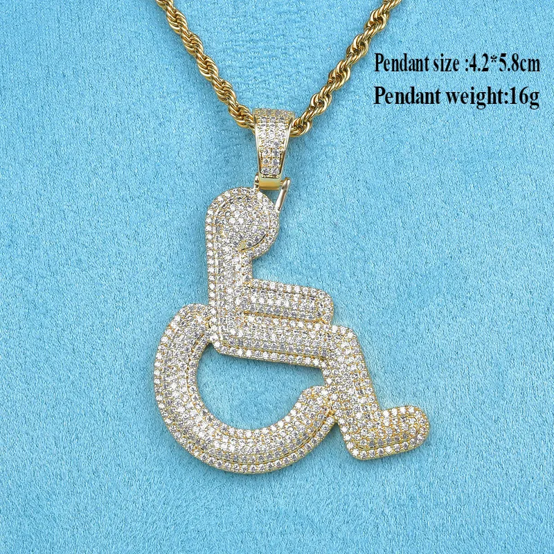 Gold Color Wheelchair Handicap Sign Pendant Necklace Charm Bling Cubic Zircon Men's Hip Hop Rock Jewelry