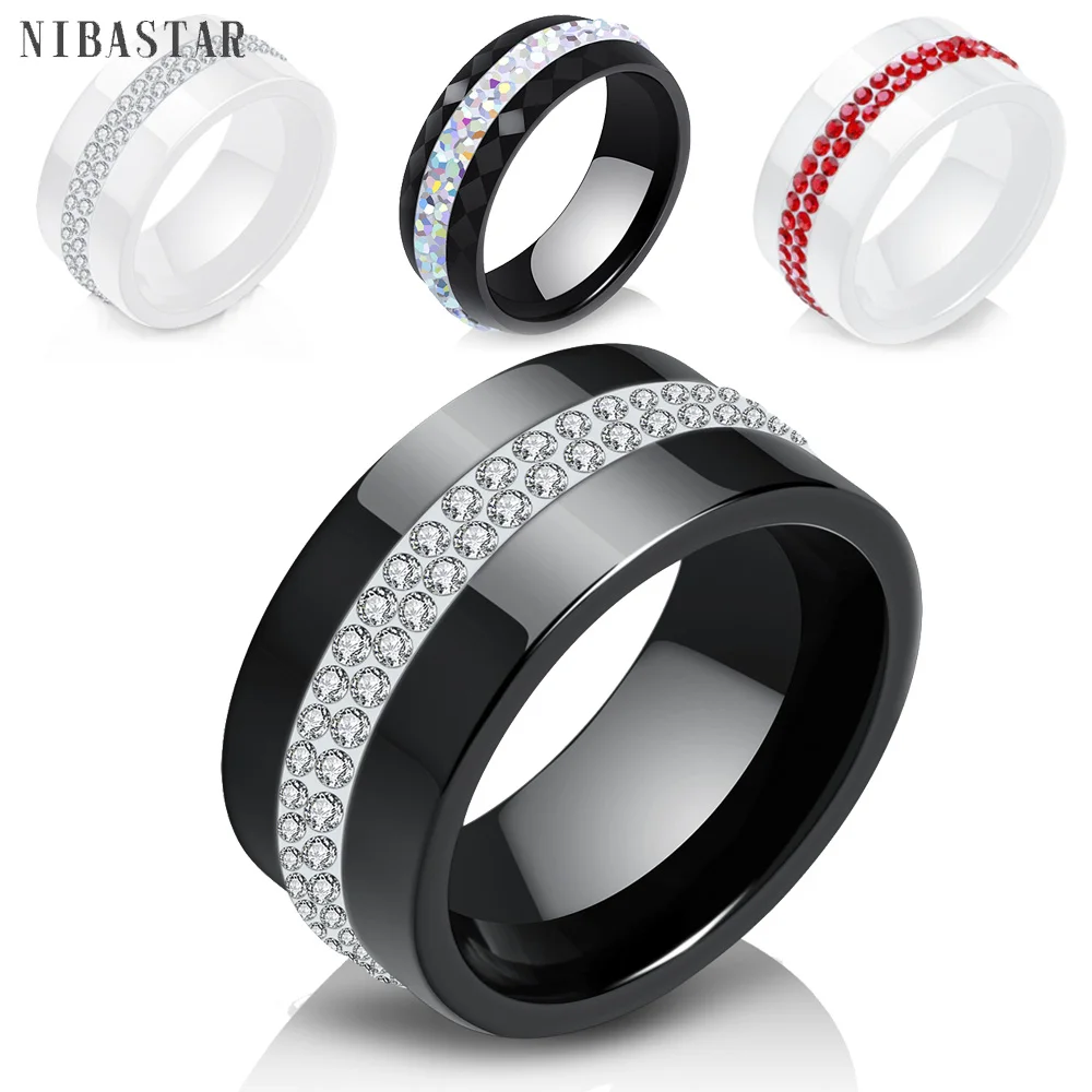 New 10MM Black and White 2 Row Crystal Ceramic Rings Women Engagement Promise Wedding Band Gifts For Women