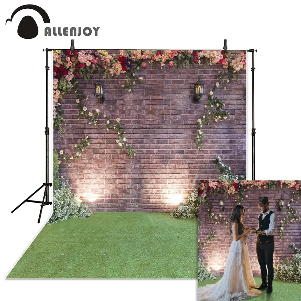 Allenjoy photography wedding photocall backdrop spring flower brick wall garden Valentine photophone photo studio background