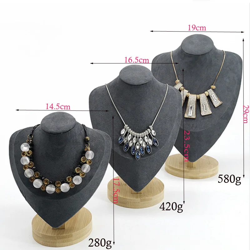 Model Wooden Beige Velvet Jewlery Display Fashion Hot Show 3 Options Necklaces Bust Pendants Stand Choker Holder Jewlery Rack