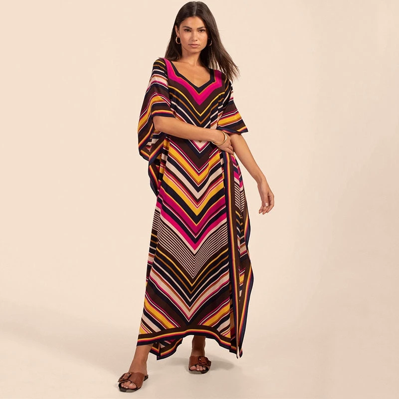 

RetroFashion 2022 New Kaftan Clashing Color Print Striped Bohemian Vibe Long Maxi Dress Women Oversized Tunic Morocco Party Gown