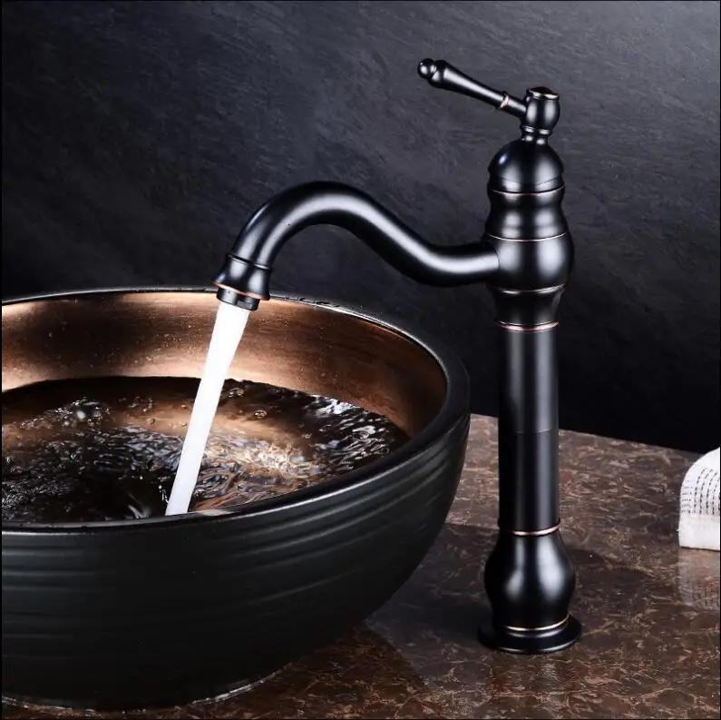 

Black Tall Basin Faucets + Pipe, Brass Lamp Shape Bathroom Sink Faucet Single Handle Hole Deck Vintage Wash Hot Cold Mixer Tap