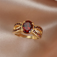 Vintage Female Red Crystal Jewelry Charm Gold Color Big Wedding Rings For Women Luxury Oval Zircon Stone Engagement Ring