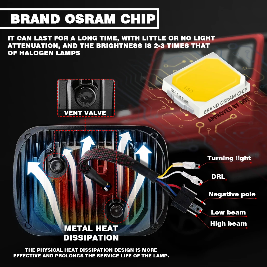 Pair 5X7 7X6 inch Square LED Headlight H4 Light With Hi/Lo Beam LED for Toyota Tacoma Pickup MR2 Supra Nissan 240SX