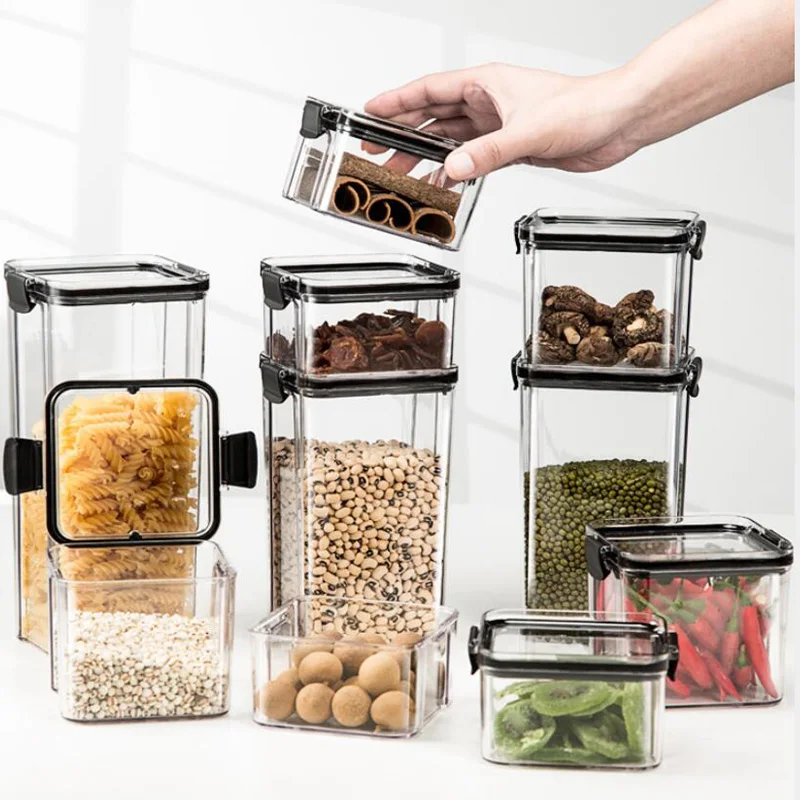 4PCS Food Storage Container 460/700/1300/1800ML Tank Transparent Sealed Cans Plastic Kitchen Noodle Box Multigrain Storage