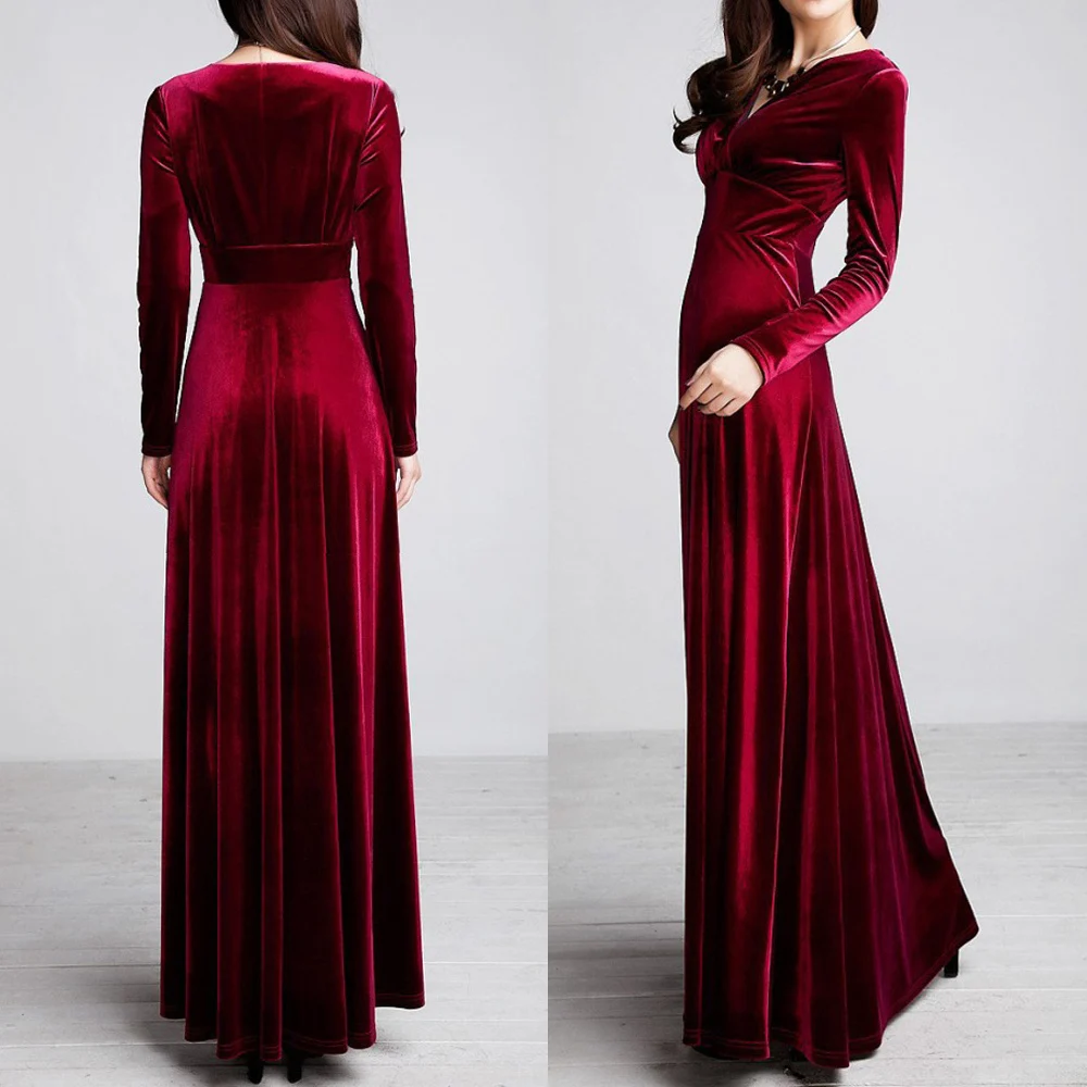 Plus Size 4XL 5XL Women Winter Dress Long Sleeve V-Neck Long Maxi Velvet Dresses Elegant Ladies Formal Party Red Dresses black