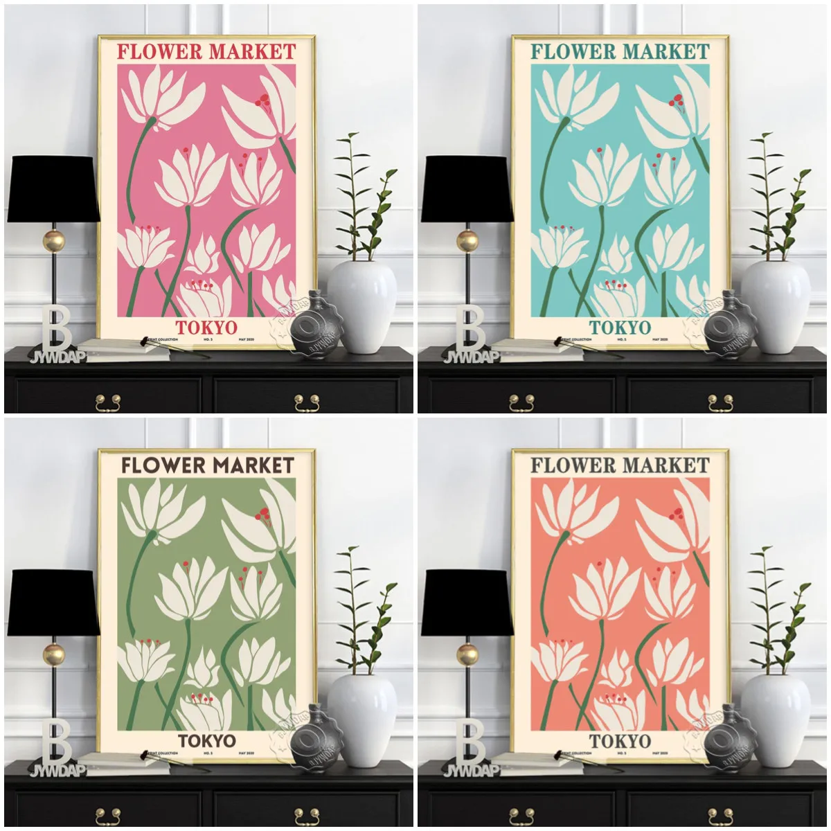 Tokyo Fiower Market Plant Art Poster, Four Combination Different Colors Flowers Plants Art Prints,  Minimalism Home Wall Decor