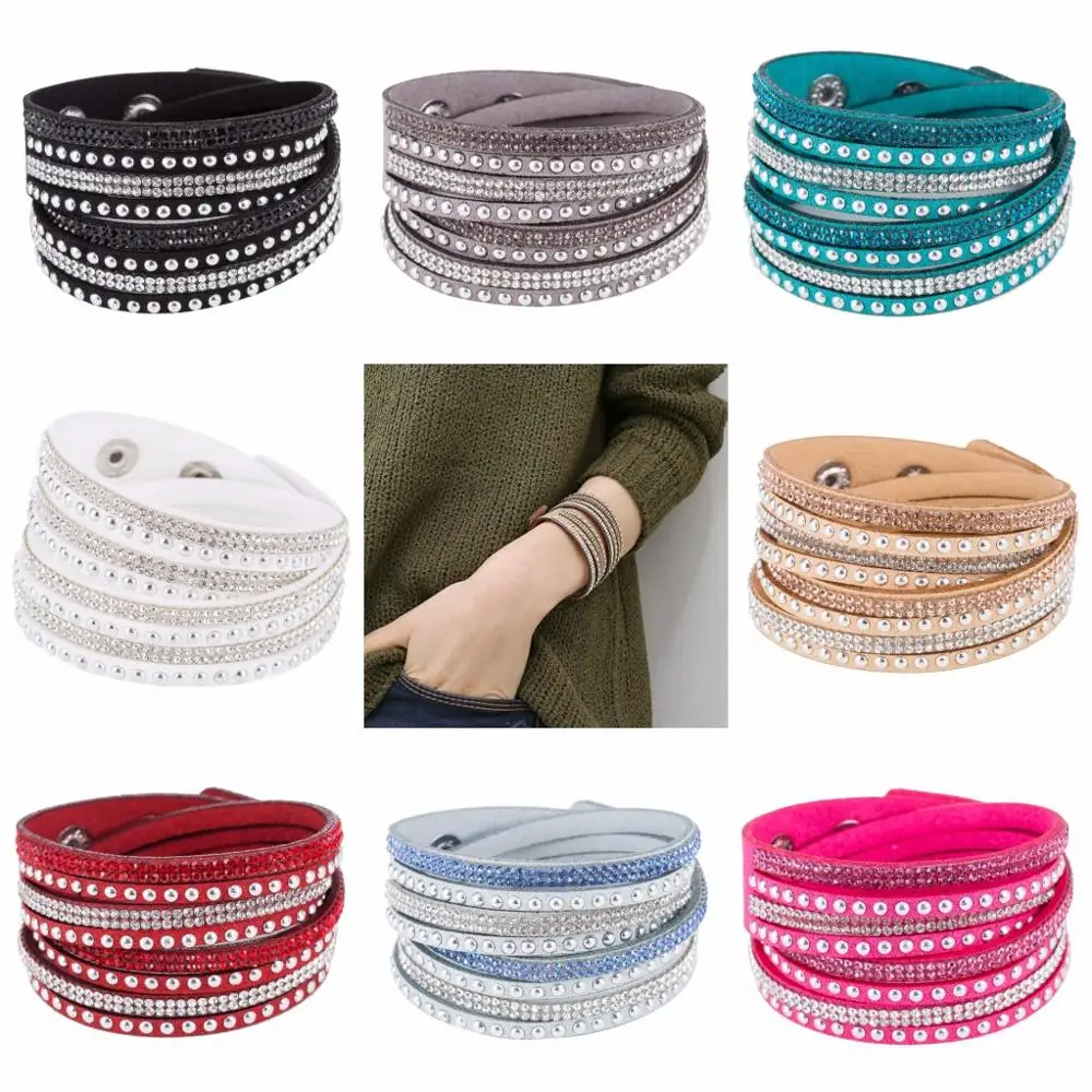 Pulsera de cuero con remaches para mujer, brazalete multicapa de estilo Punk, 17 colores, nueva moda