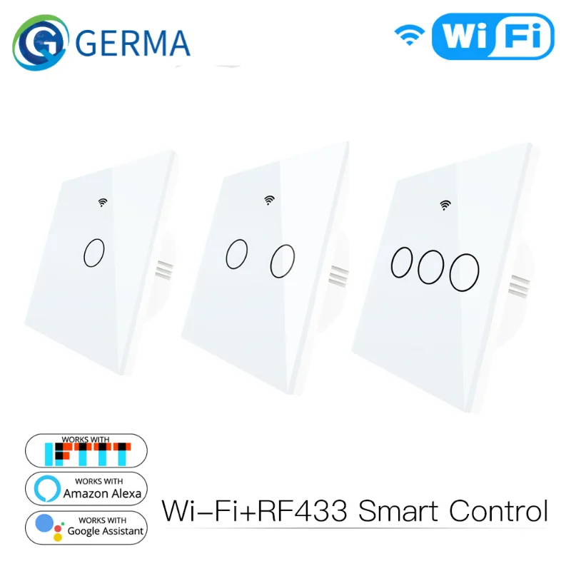 WiFi Smart Glass Panel Switch Tuya App Remote Control  Work With Alexa Echo Google Home RF433 EU Type White Touch 1/2/3 Gang