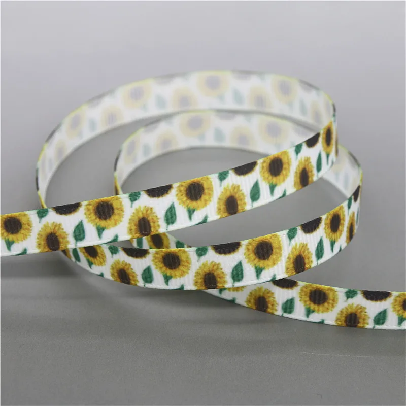 DHK 3/8\'\' 5yards Sunflowers Chrysanthemum Printed Grosgrain Ribbon Accessory Hairbow Headwear DIY Decoration 9mm C1893